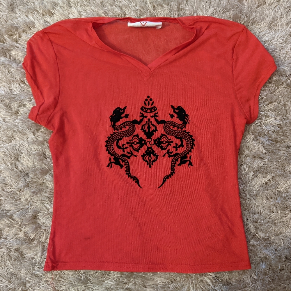 Vtg 90s Fine Mesh Crop Top with Velvet Decal